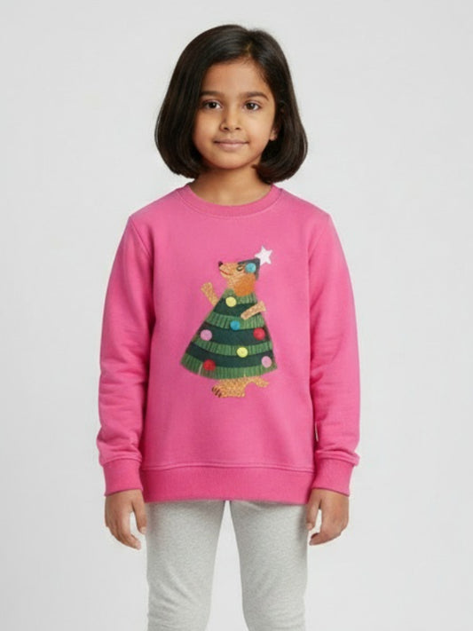 Girls Pink Christmas Tree Bear Winter Festive Sweatshirt