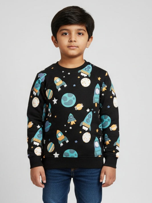 Boys Black Space Print Rocket & Planet Design Winter Sweatshirt
