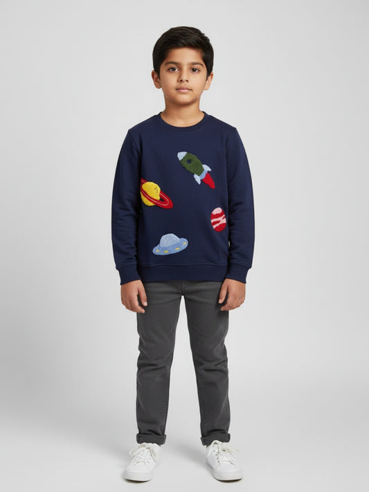 Biglilpeople Space Embroidered Dark Blue Sweatshirt