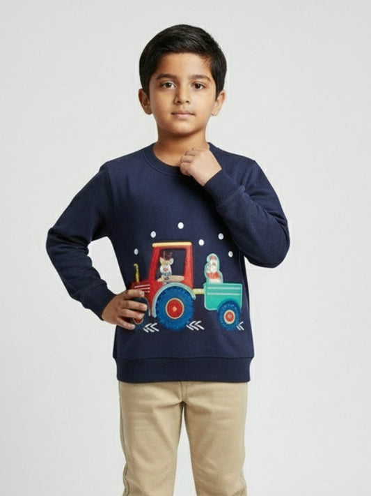 Boys Navy Blue Tractor Print Winter Sweatshirt