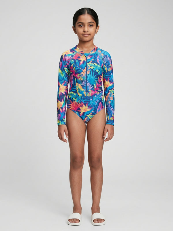 Biglilpeople Girls Blue Tropical Print Round Neck Long Sleeves One-Piece Swimsuit