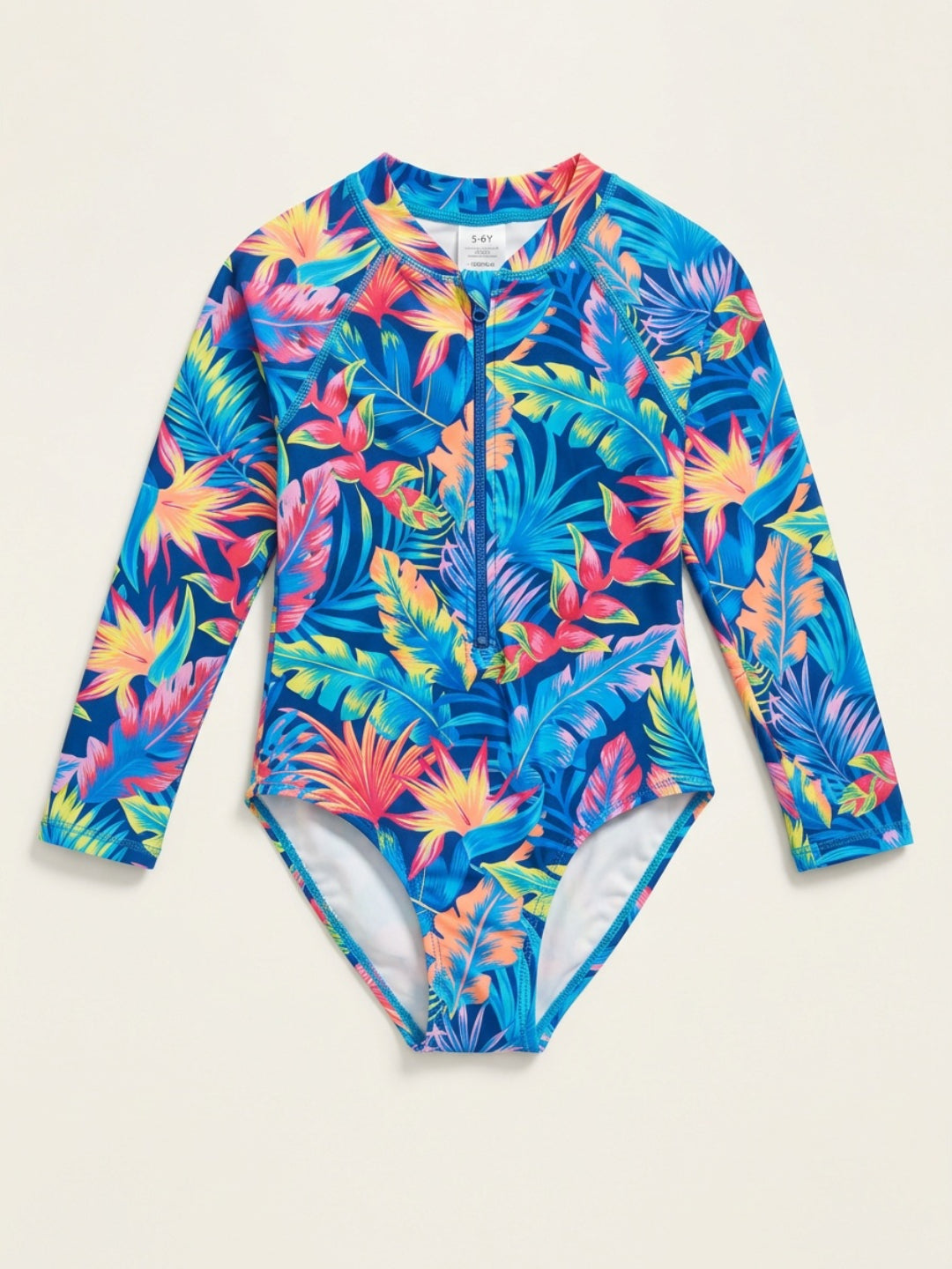 बिगलिलपीपल लड़कियों का नीला ट्रॉपिकल प्रिंट गोल गला लंबी आस्तीन वाला वन-पीस स्विमसूट