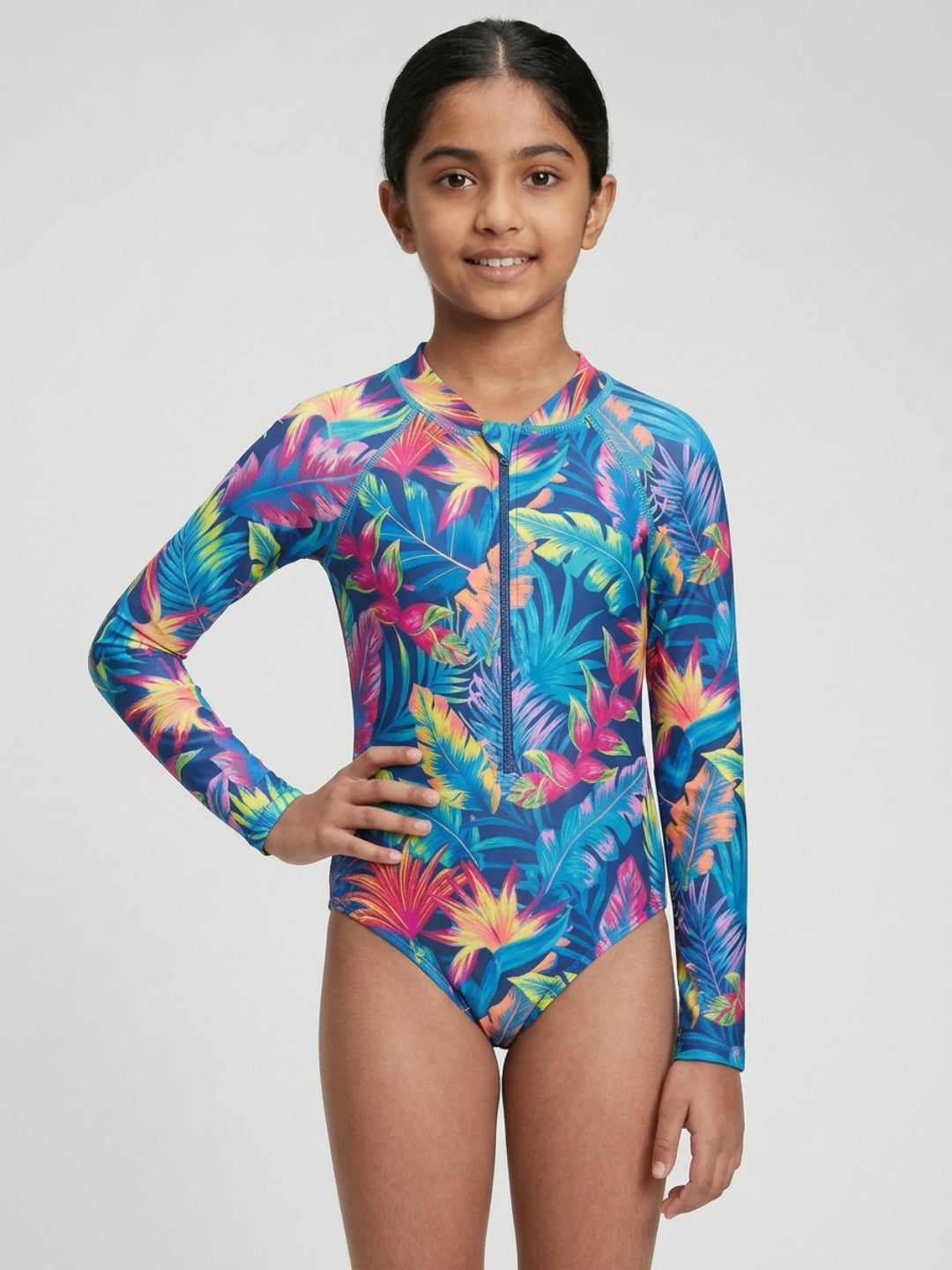 बिगलिलपीपल लड़कियों का नीला ट्रॉपिकल प्रिंट गोल गला लंबी आस्तीन वाला वन-पीस स्विमसूट