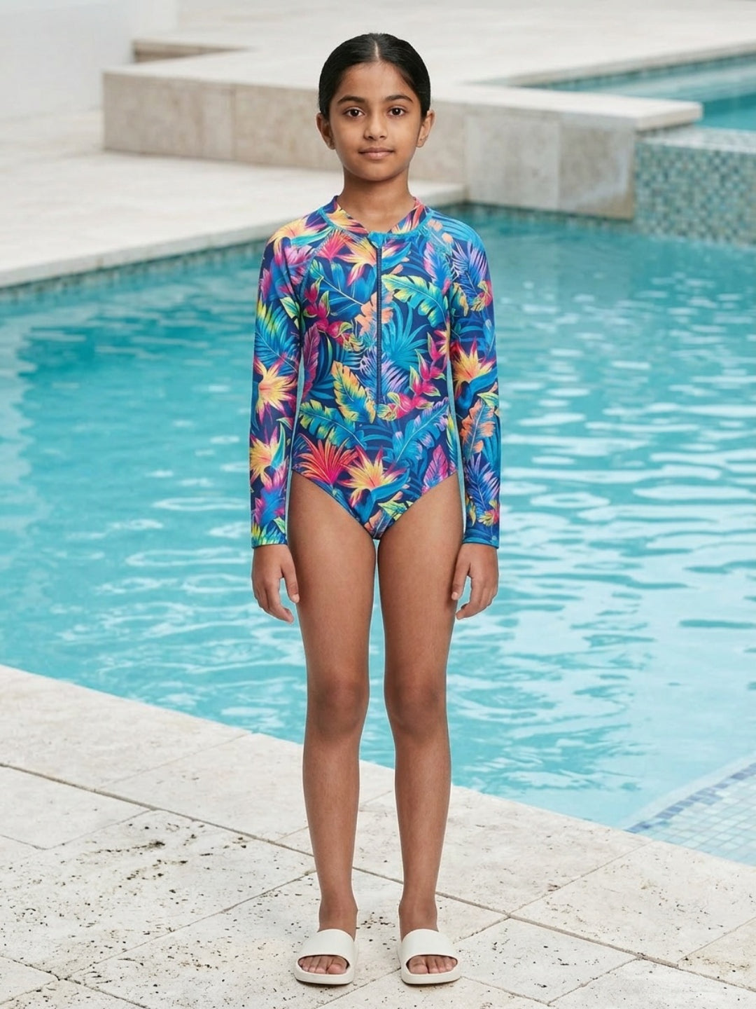 बिगलिलपीपल लड़कियों का नीला ट्रॉपिकल प्रिंट गोल गला लंबी आस्तीन वाला वन-पीस स्विमसूट