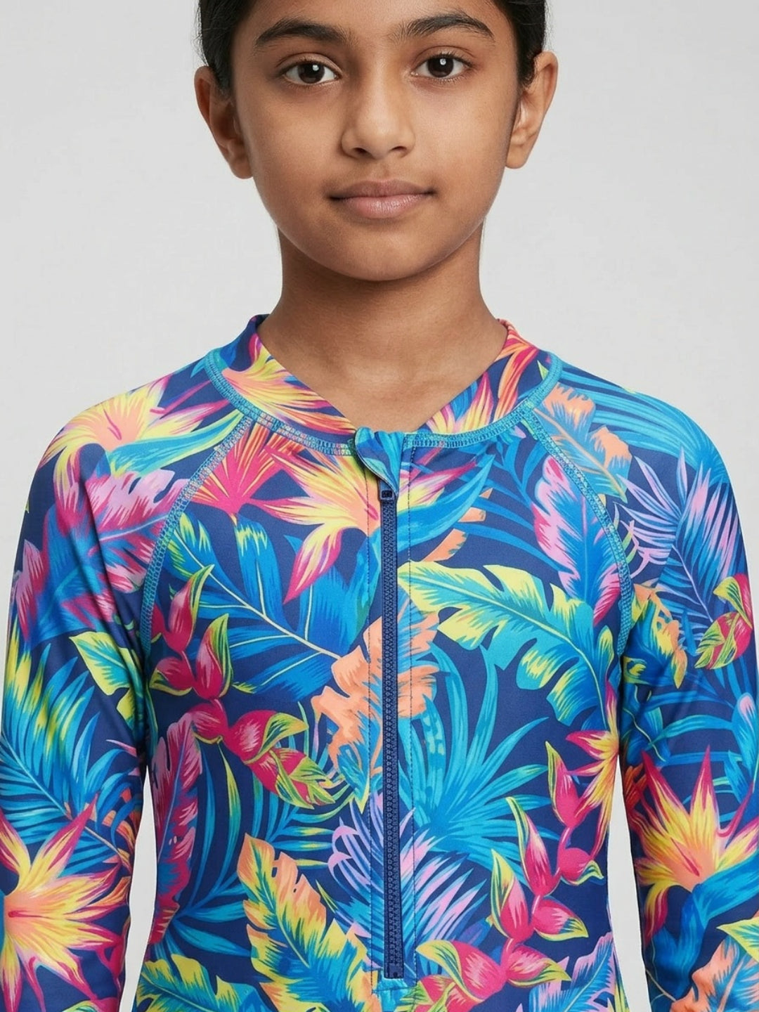 बिगलिलपीपल लड़कियों का नीला ट्रॉपिकल प्रिंट गोल गला लंबी आस्तीन वाला वन-पीस स्विमसूट