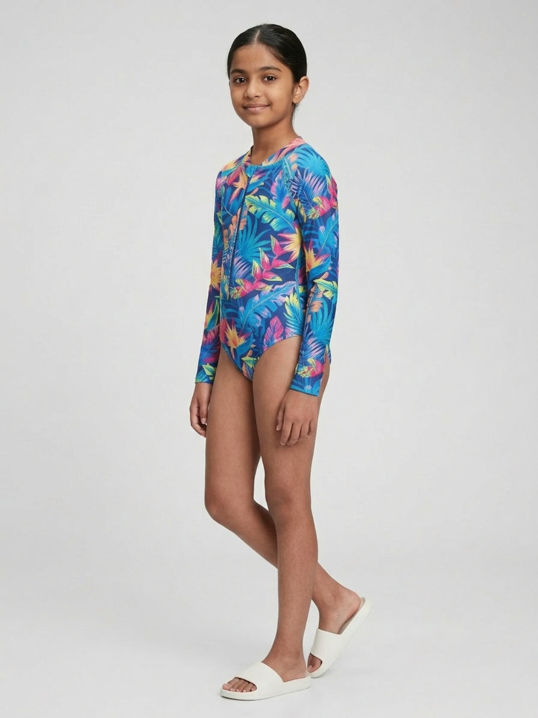 बिगलिलपीपल लड़कियों का नीला ट्रॉपिकल प्रिंट गोल गला लंबी आस्तीन वाला वन-पीस स्विमसूट