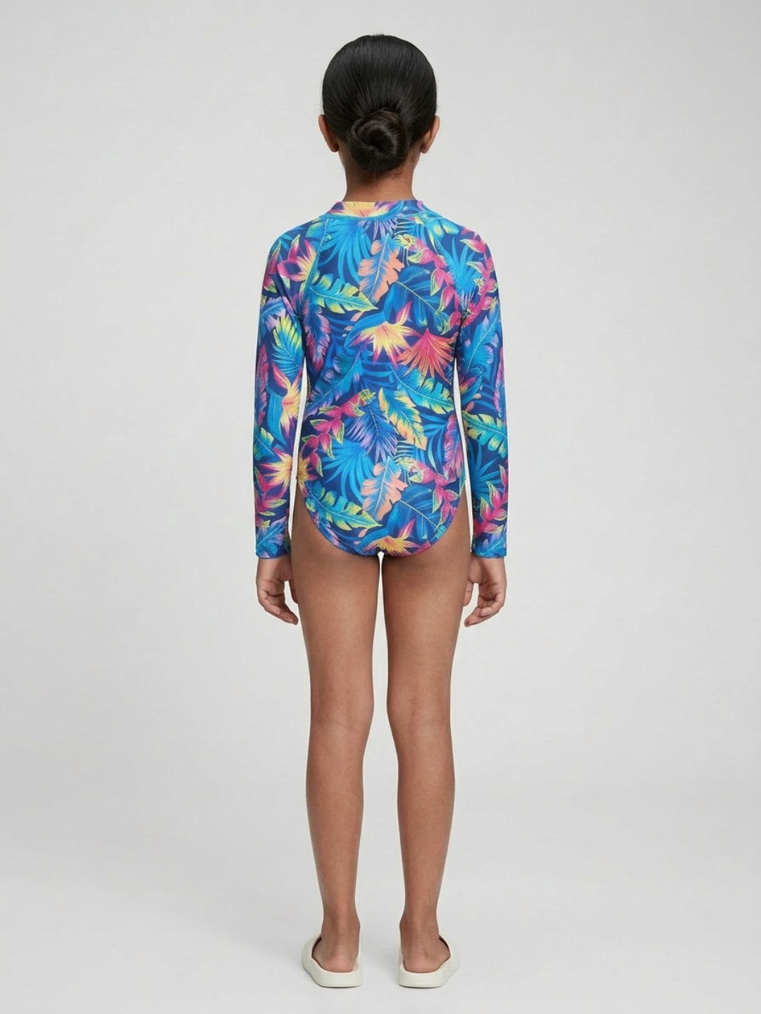 बिगलिलपीपल लड़कियों का नीला ट्रॉपिकल प्रिंट गोल गला लंबी आस्तीन वाला वन-पीस स्विमसूट