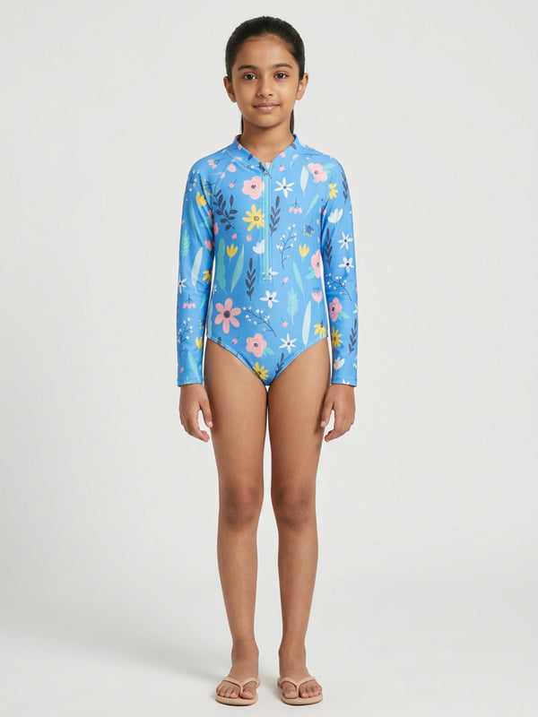 Biglilpeople Girls Aqua Floral Print Round Neck Long Sleeves One-Piece Swimsuit