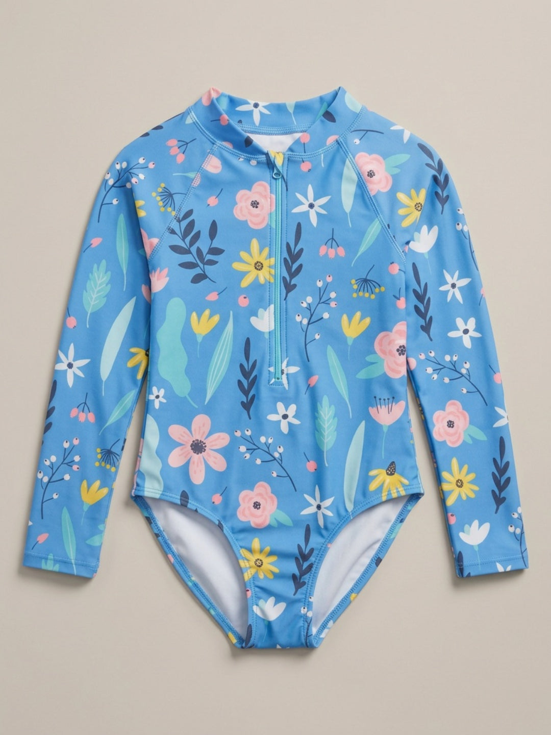 Biglilpeople Traje de Baño Entero de Manga Larga con Cuello Redondo y Estampado Floral Aqua para Niñas