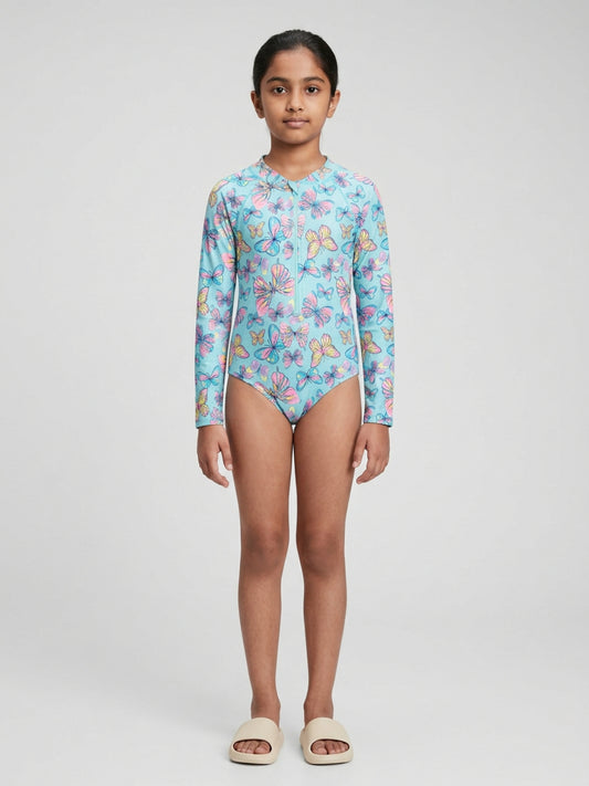 Biglilpeople Girls Aqua Butterfly Print Round Neck Long Sleeves One-Piece Swimsuit