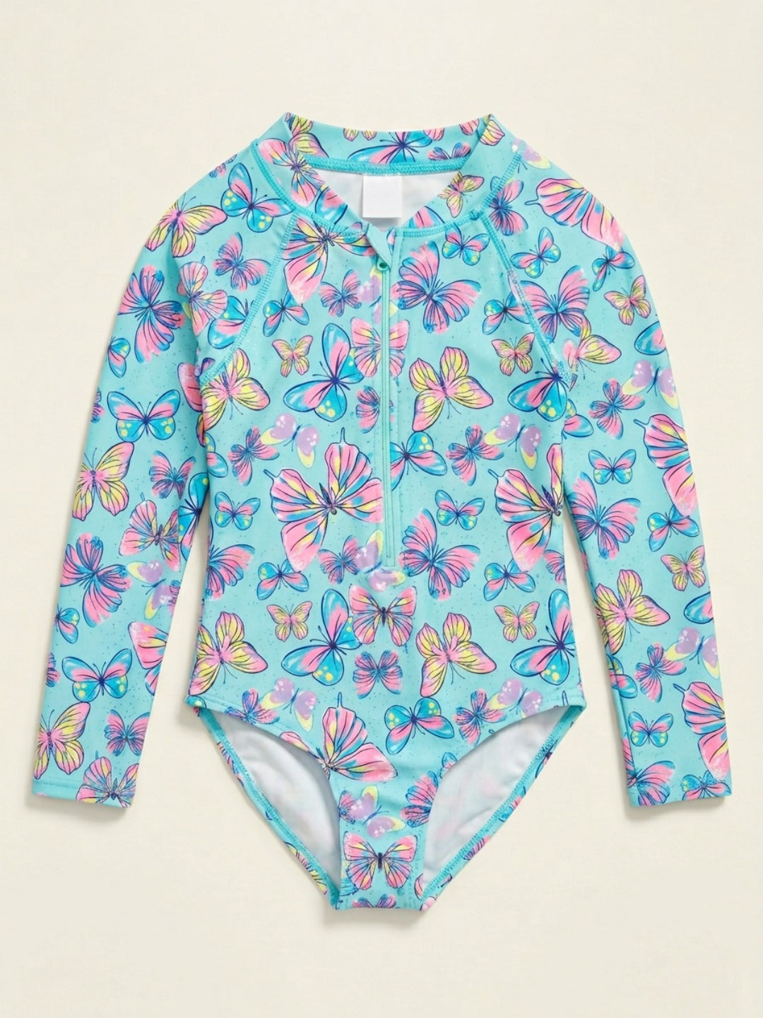 Traje de baño de una pieza con estampado de mariposas aqua, cuello redondo y manga larga para niña de Biglilpeople