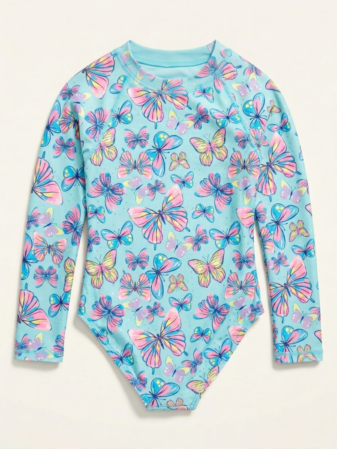 Traje de baño de una pieza con estampado de mariposas aqua, cuello redondo y manga larga para niña de Biglilpeople