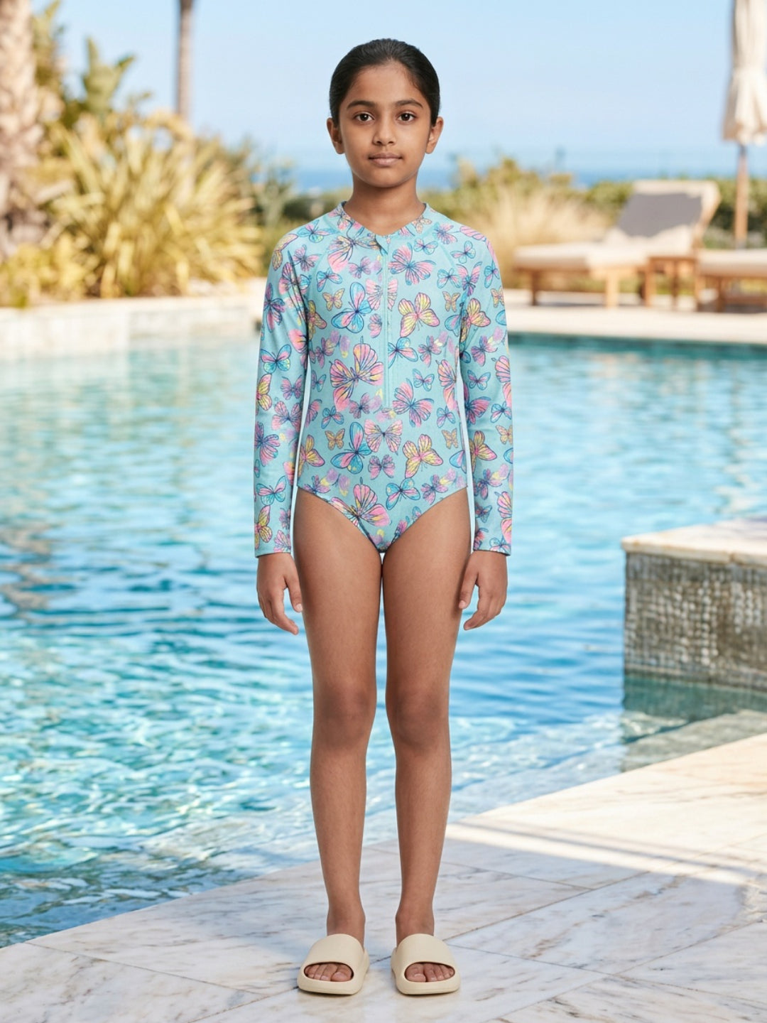 Traje de baño de una pieza con estampado de mariposas aqua, cuello redondo y manga larga para niña de Biglilpeople