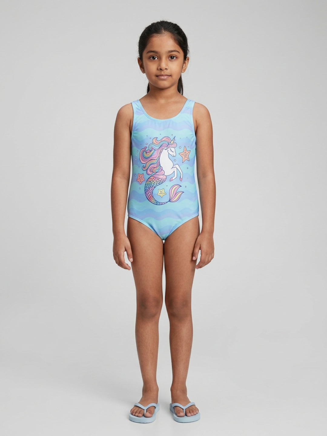 Biglilpeople - Bañador de una pieza sin mangas con cuello redondo y estampado gráfico Aqua para niñas