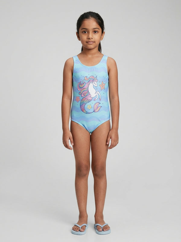 Biglilpeople Girls Aqua Graphic Print Round Neck Sleeveless One-Piece Swimsuit