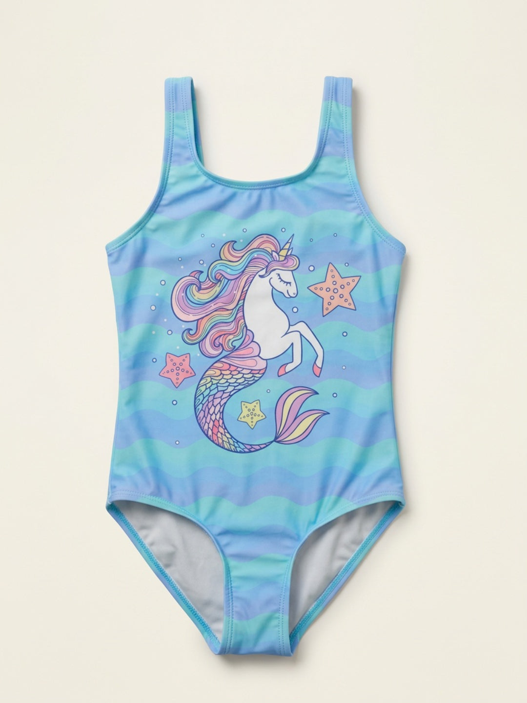 Biglilpeople - Bañador de una pieza sin mangas con cuello redondo y estampado gráfico Aqua para niñas