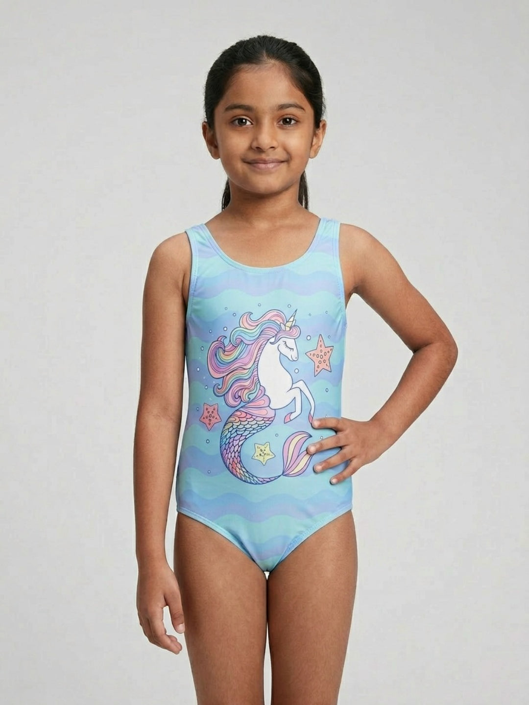Biglilpeople - Bañador de una pieza sin mangas con cuello redondo y estampado gráfico Aqua para niñas