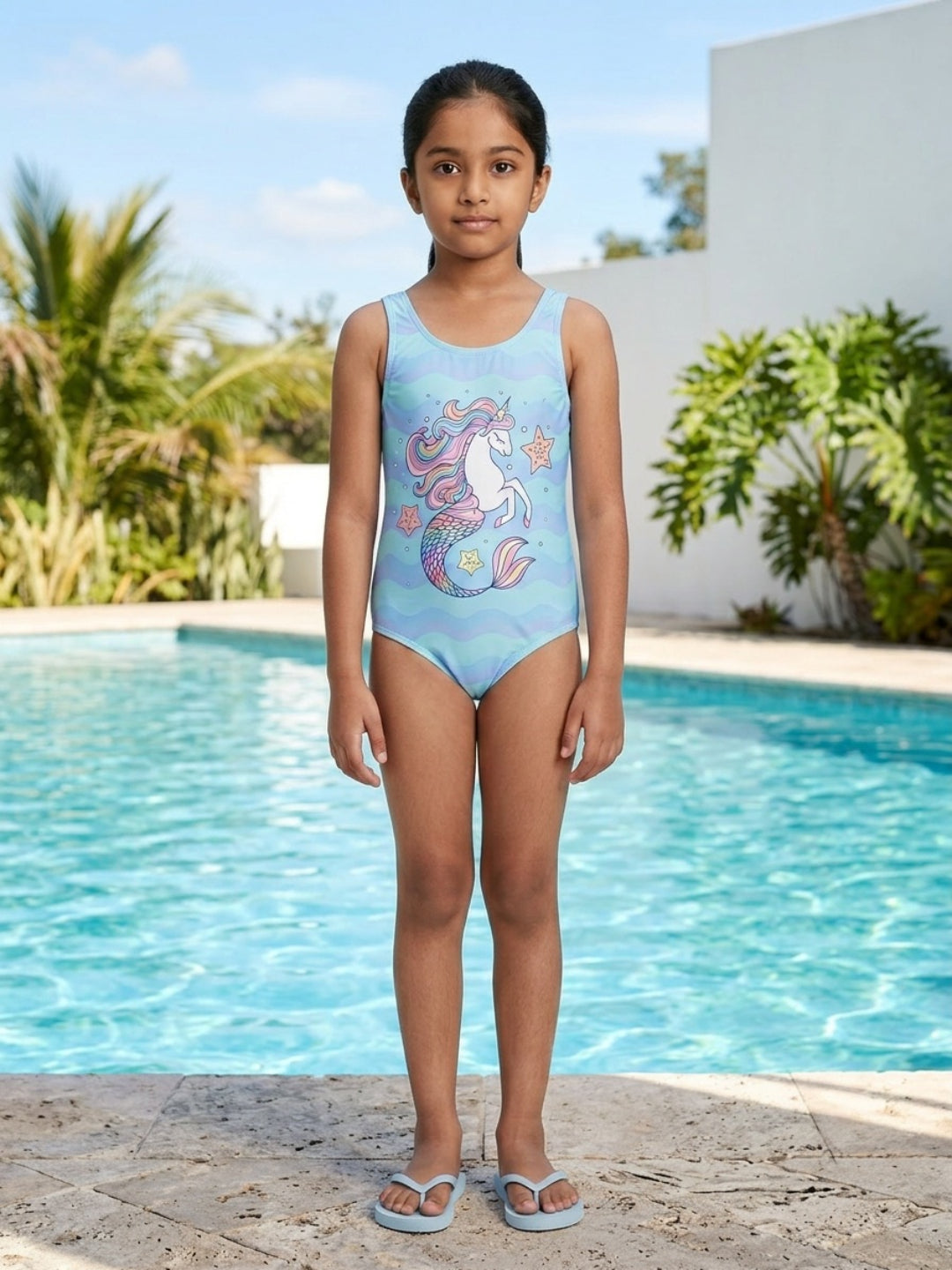 Biglilpeople - Bañador de una pieza sin mangas con cuello redondo y estampado gráfico Aqua para niñas