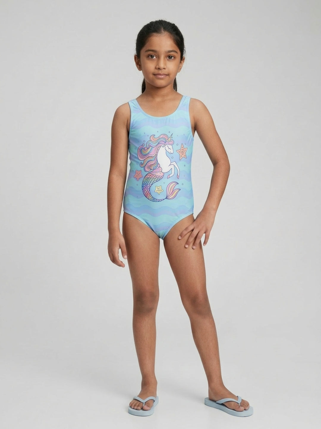 Biglilpeople - Bañador de una pieza sin mangas con cuello redondo y estampado gráfico Aqua para niñas
