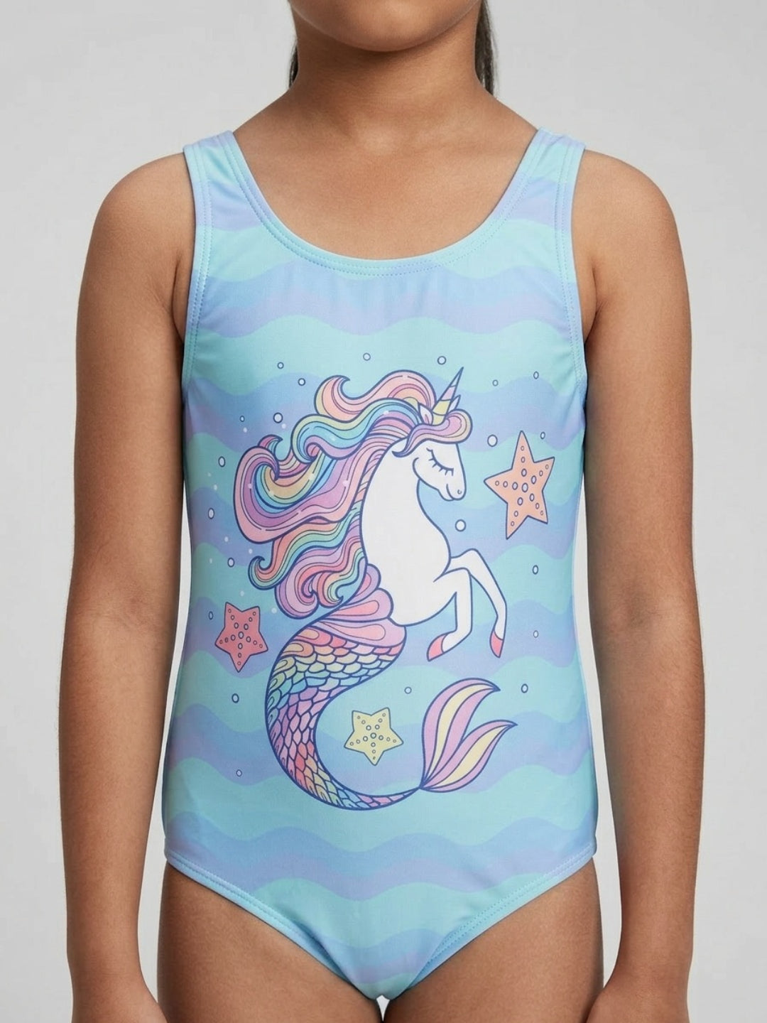 Biglilpeople - Bañador de una pieza sin mangas con cuello redondo y estampado gráfico Aqua para niñas