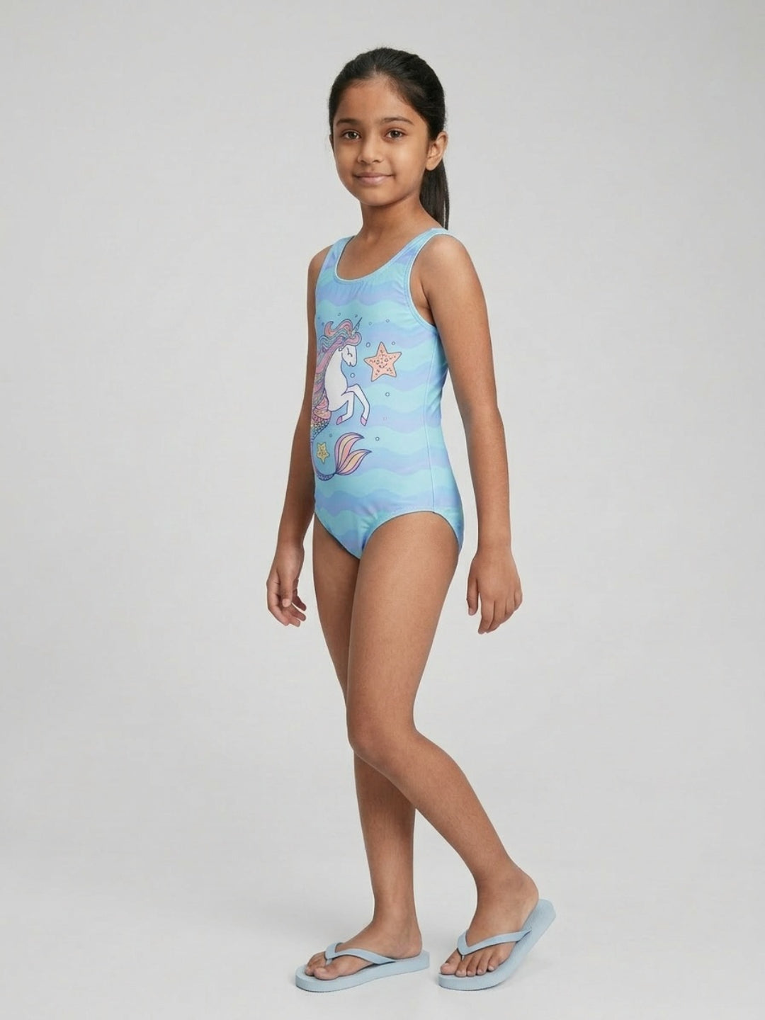 Biglilpeople - Bañador de una pieza sin mangas con cuello redondo y estampado gráfico Aqua para niñas