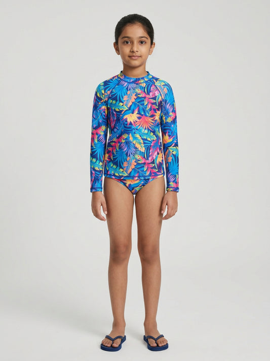 Biglilpeople Girls Blue Tropical Print Round Neck Long Sleeves Two-Piece Swimsuit Set