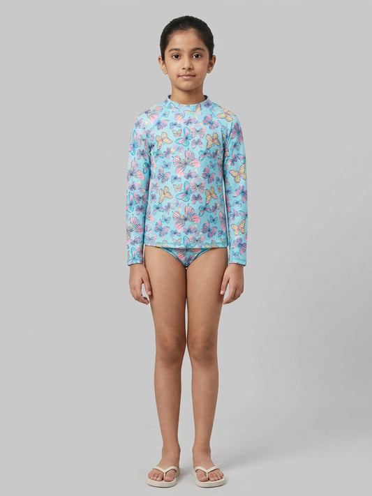 Biglilpeople Girls Aqua Butterfly Print Round Neck Long Sleeves Two-Piece Swimsuit Set