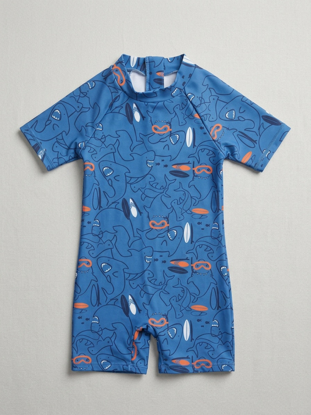 Biglilpeople Boys Blue Shark Print Round Neck Short Sleeves One-Piece Swimsuit