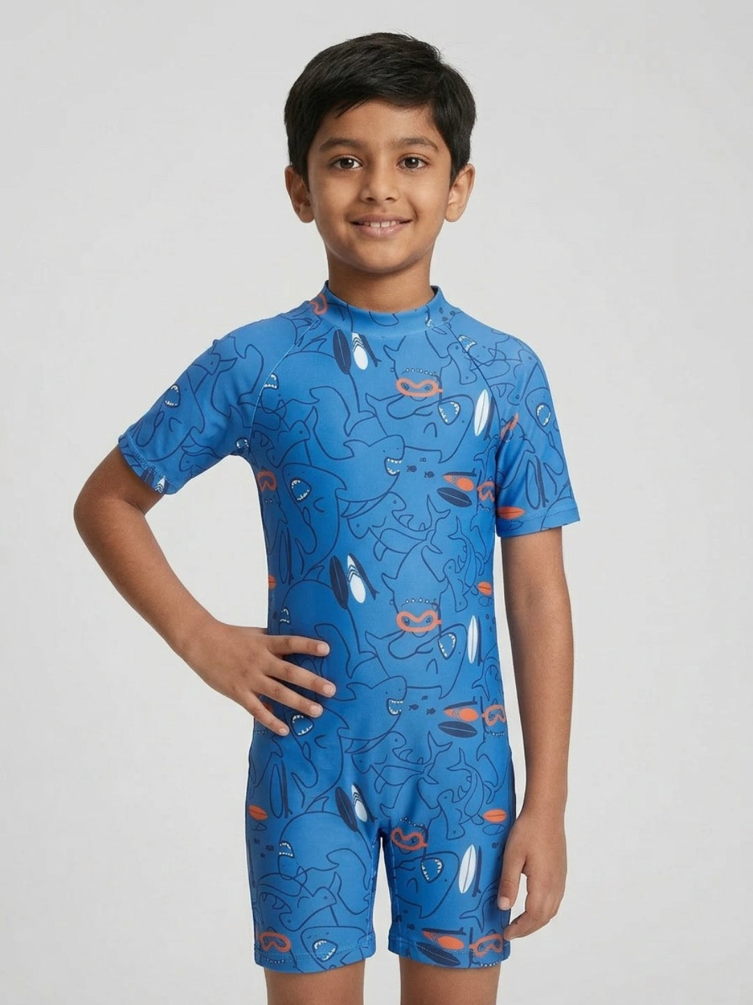 Biglilpeople Boys Blue Shark Print Round Neck Short Sleeves One-Piece Swimsuit