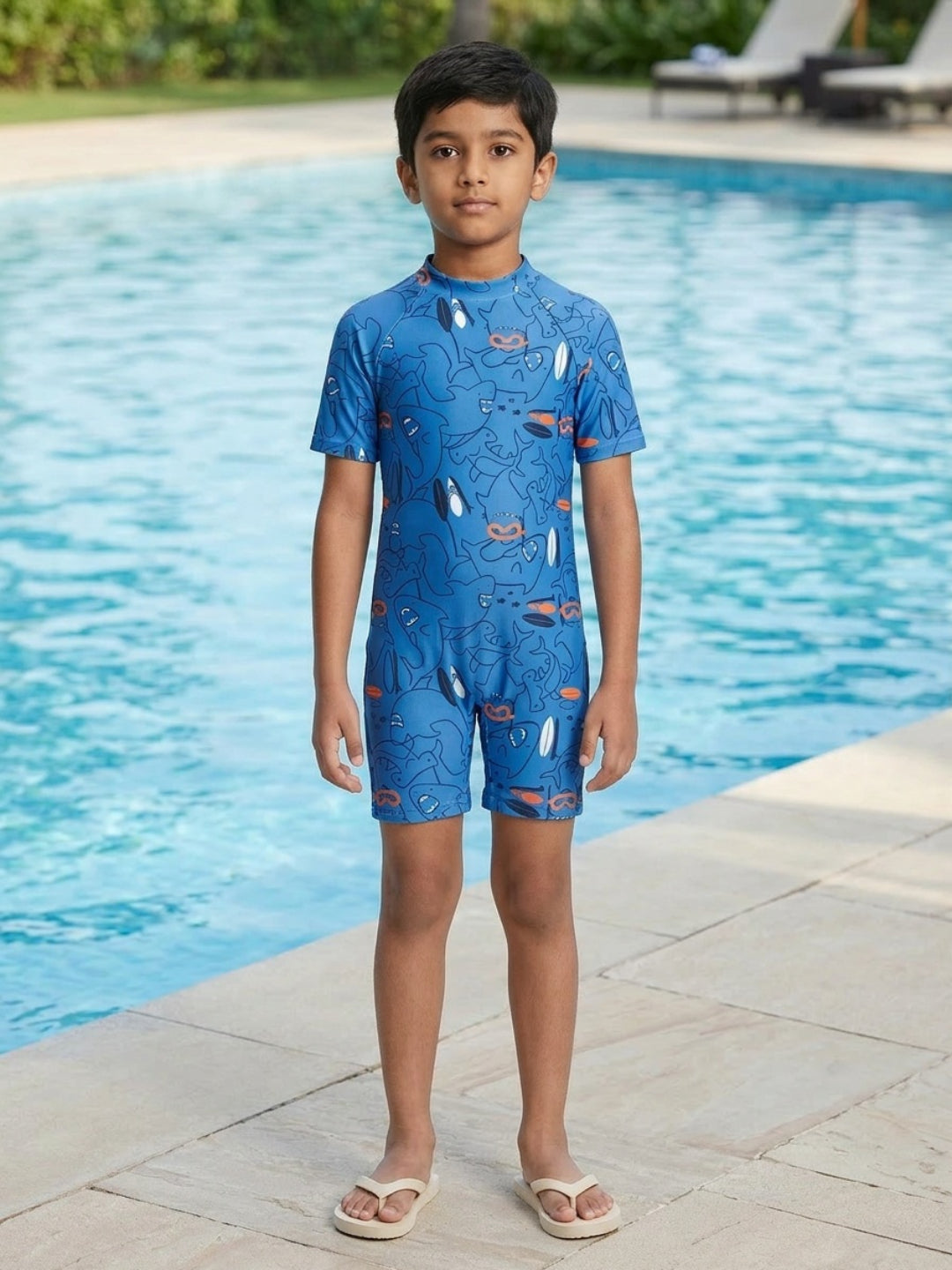 Biglilpeople Boys Blue Shark Print Round Neck Short Sleeves One-Piece Swimsuit
