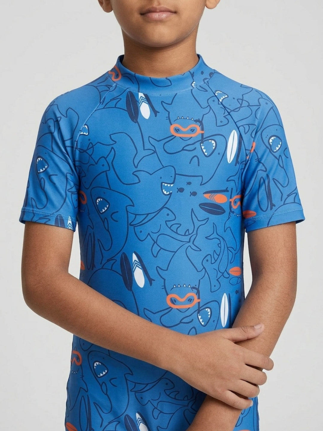 Biglilpeople Boys Blue Shark Print Round Neck Short Sleeves One-Piece Swimsuit