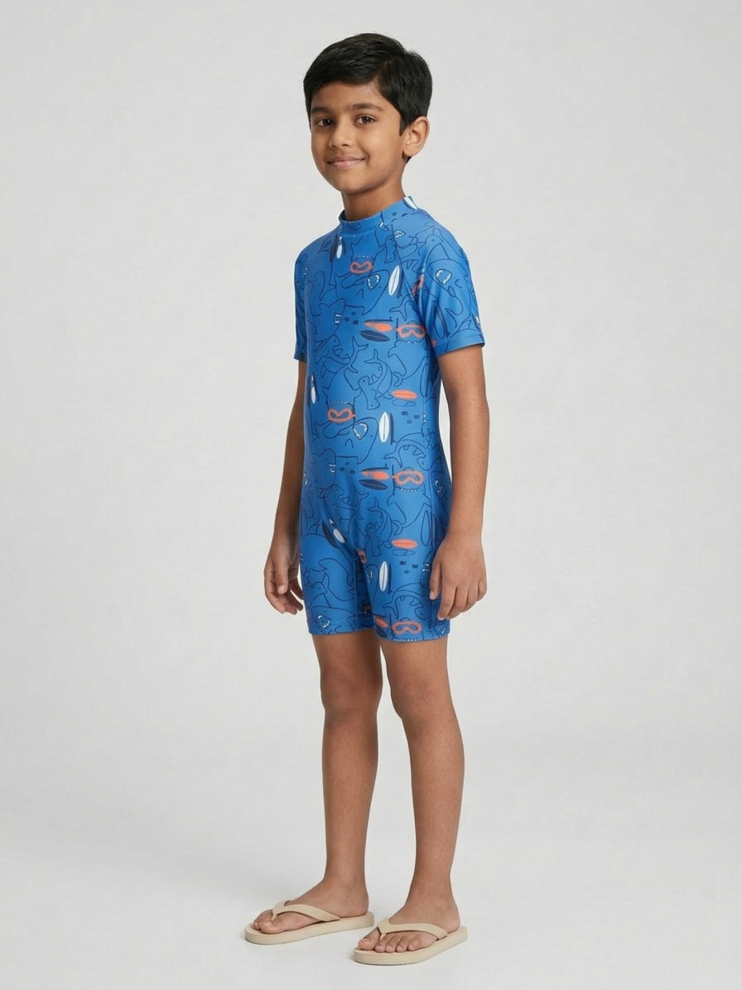 Biglilpeople Boys Blue Shark Print Round Neck Short Sleeves One-Piece Swimsuit