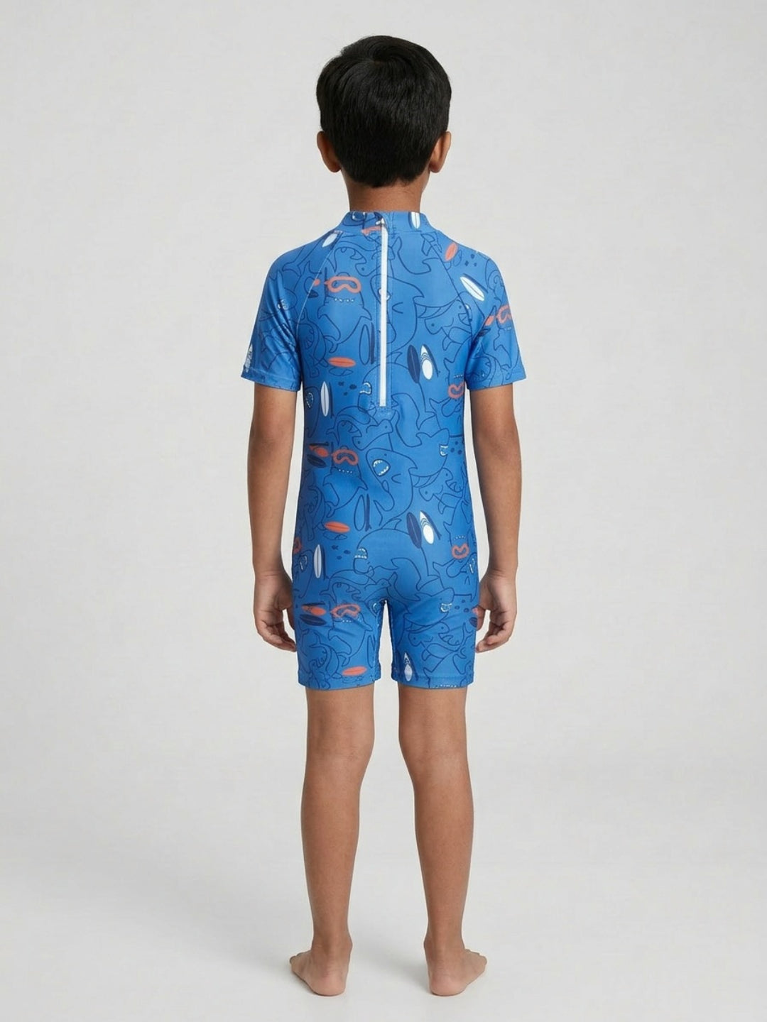 Biglilpeople Boys Blue Shark Print Round Neck Short Sleeves One-Piece Swimsuit