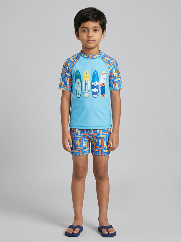 Biglilpeople Boys Aqua Color-Blocked Round Neck Short Sleeves Two-Piece Swimsuit Set