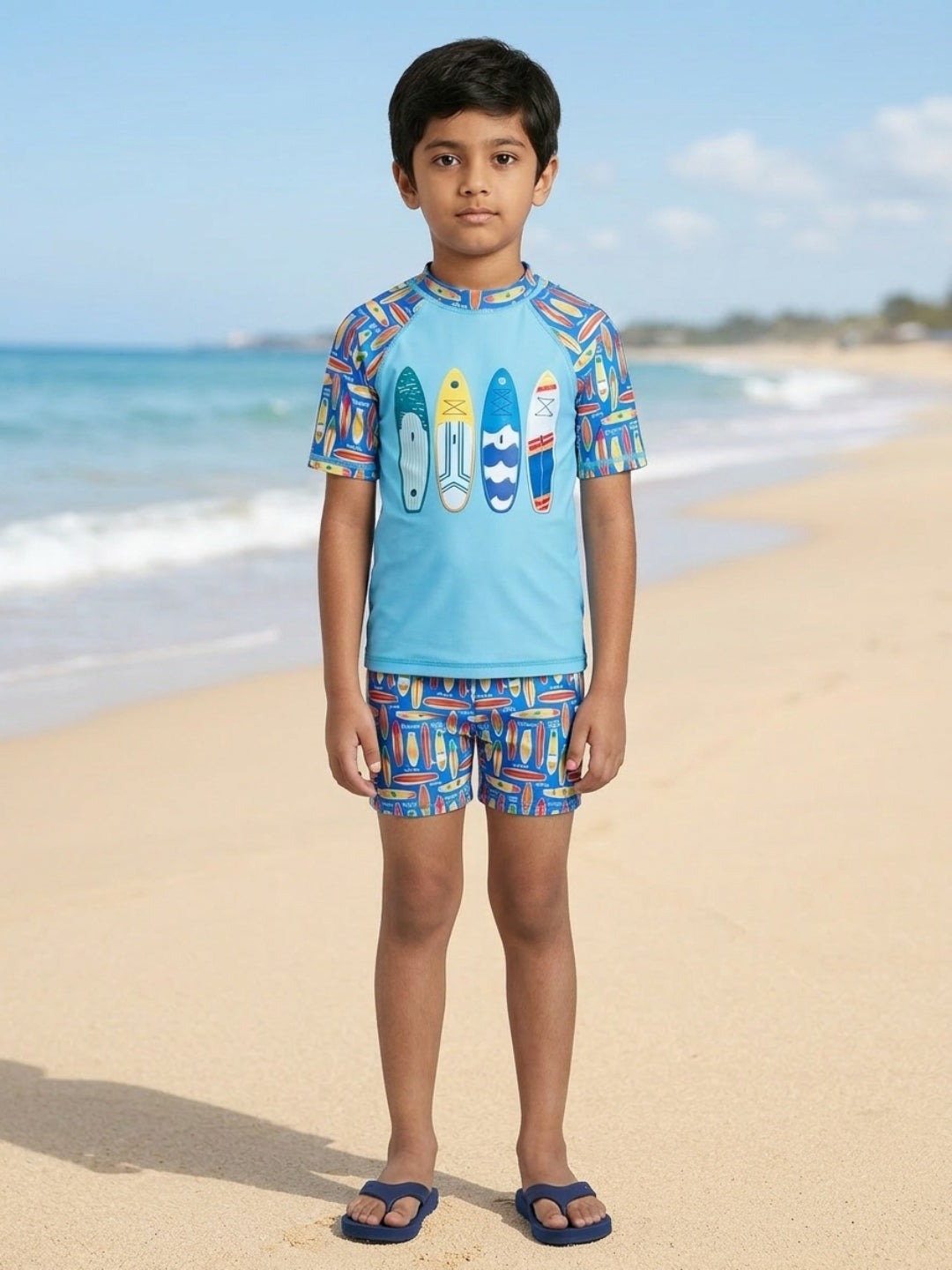 Conjunto de traje de baño de dos piezas de manga corta y cuello redondo en bloques de color aguamarina para niños de Biglilpeople