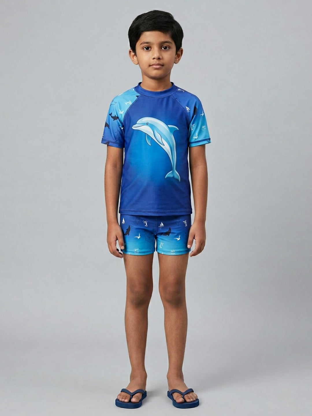 Biglilpeople Boys Blue Graphic Print Round Neck Short Sleeves Two-Piece Swimsuit Set
