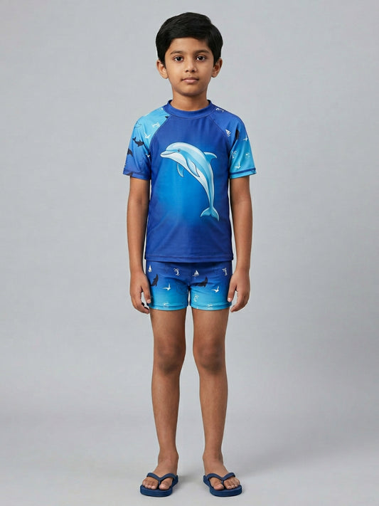 Biglilpeople Boys Blue Graphic Print Round Neck Short Sleeves Two-Piece Swimsuit Set