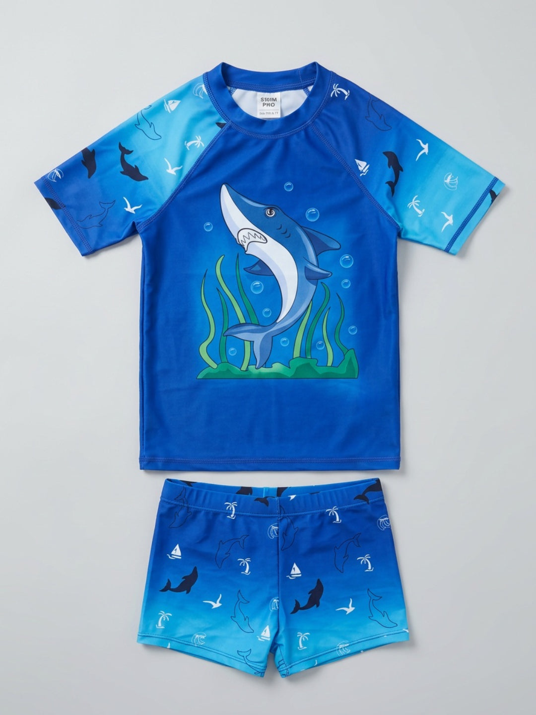 Biglilpeople Boys Blue Graphic Print Round Neck Short Sleeves Two-Piece Swimsuit Set