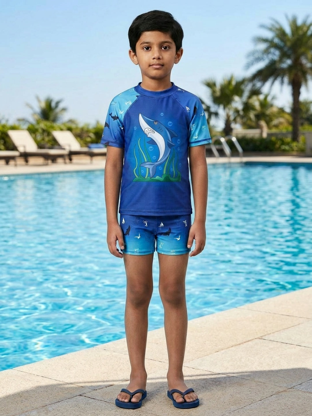 Biglilpeople Boys Blue Graphic Print Round Neck Short Sleeves Two-Piece Swimsuit Set