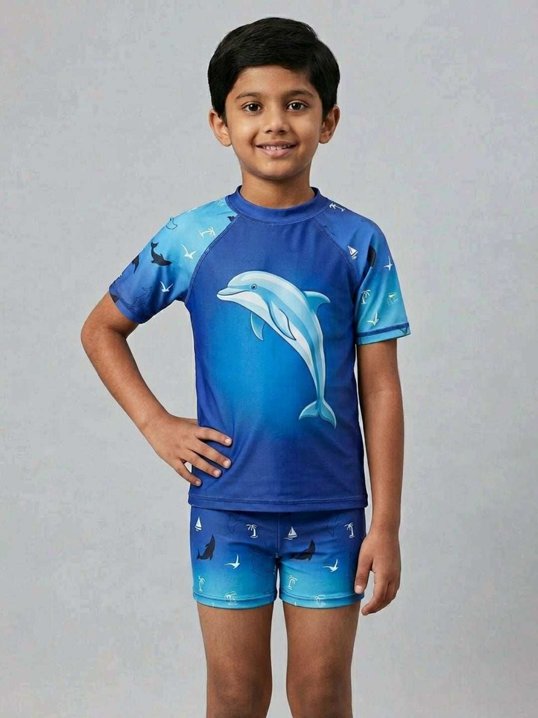 Biglilpeople Boys Blue Graphic Print Round Neck Short Sleeves Two-Piece Swimsuit Set