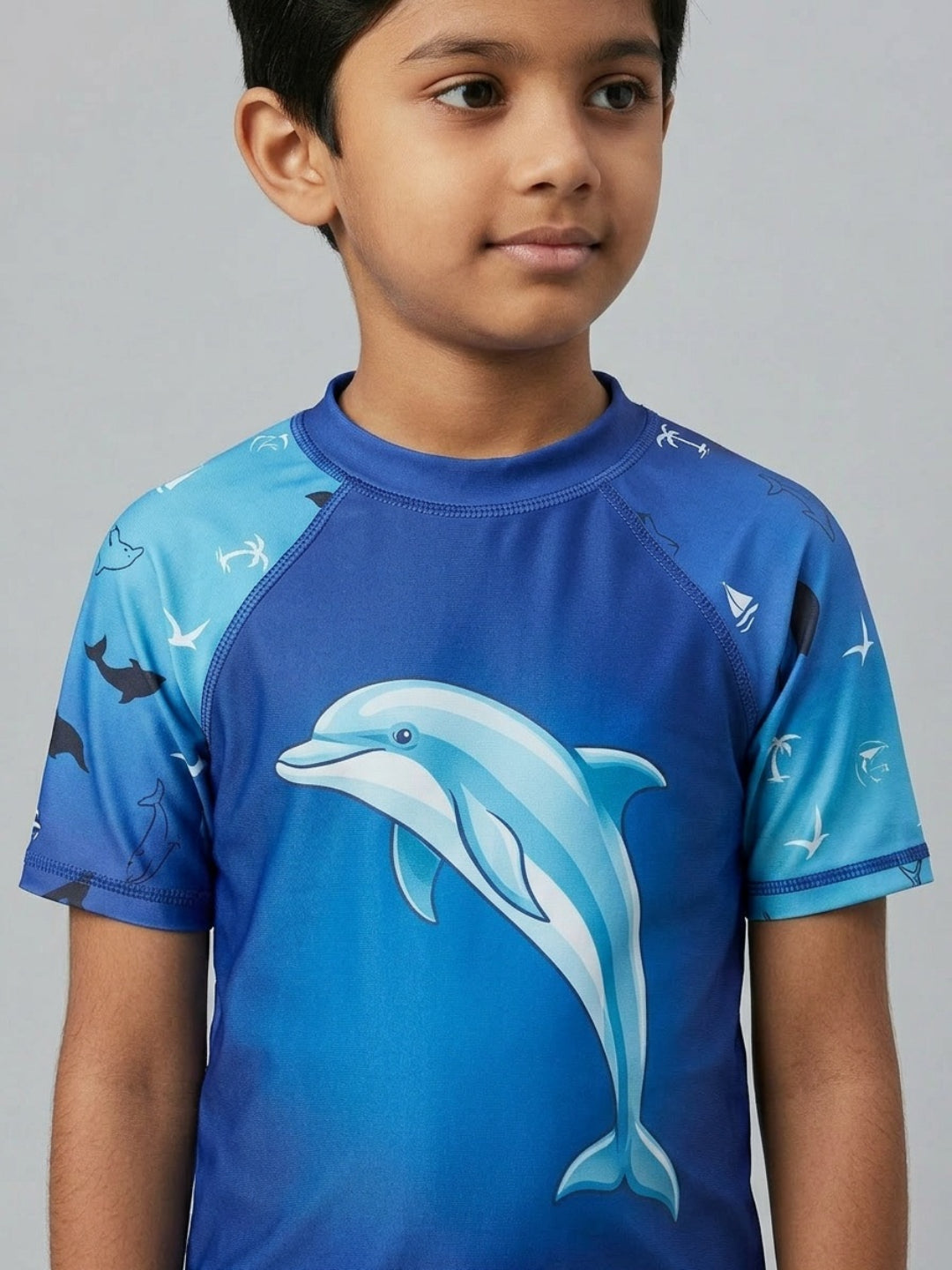 Biglilpeople Boys Blue Graphic Print Round Neck Short Sleeves Two-Piece Swimsuit Set