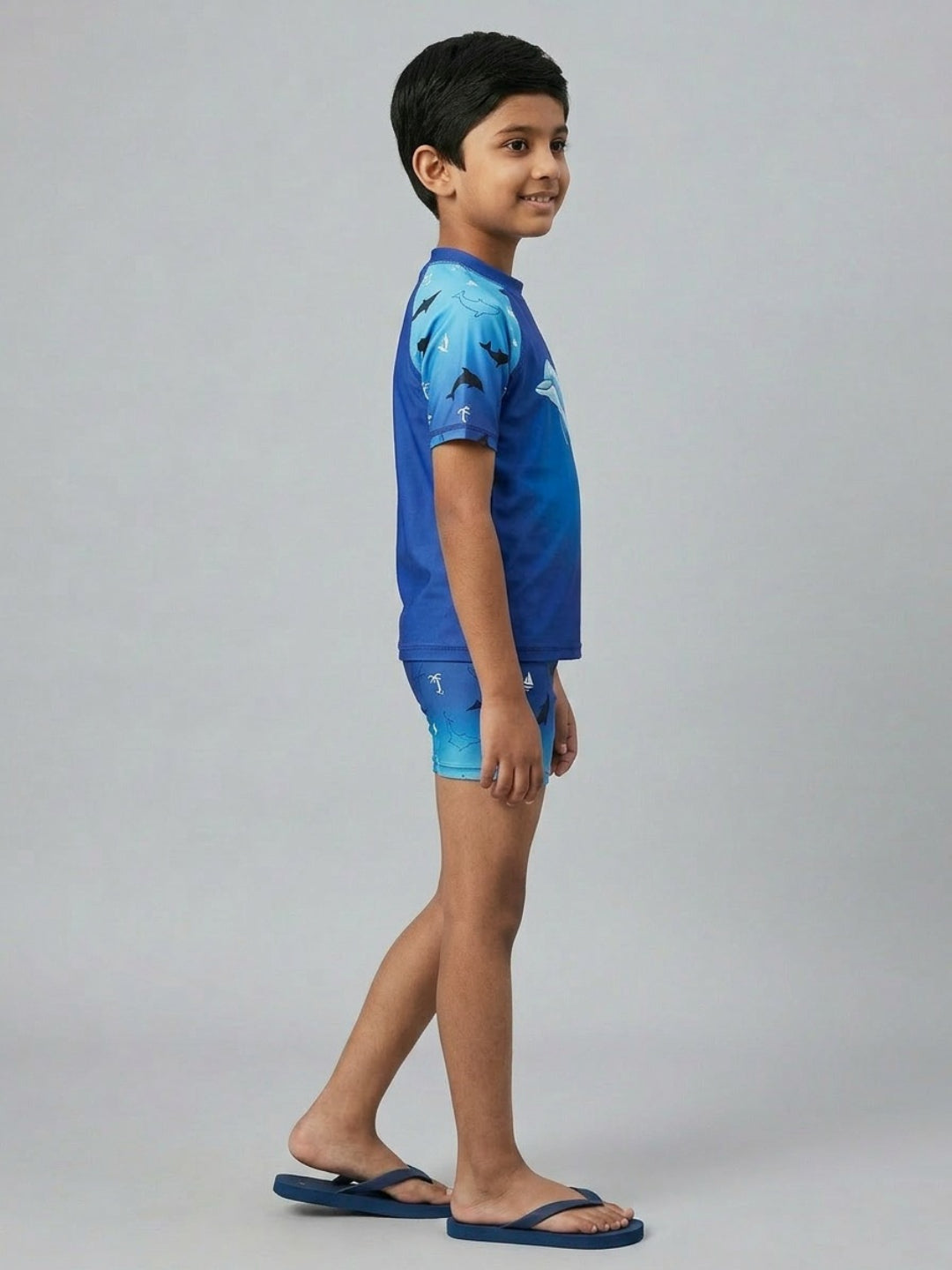 Biglilpeople Boys Blue Graphic Print Round Neck Short Sleeves Two-Piece Swimsuit Set