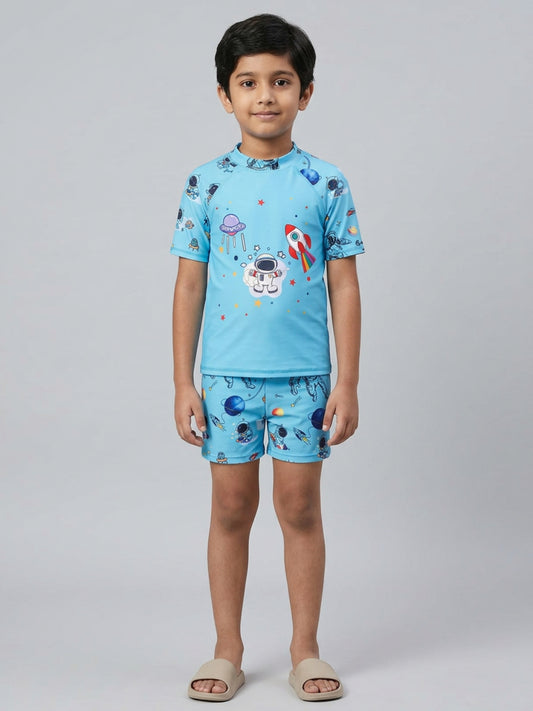 Biglilpeople Boys Aqua Graphic Print Round Neck Short Sleeves Two-Piece Swimsuit Set