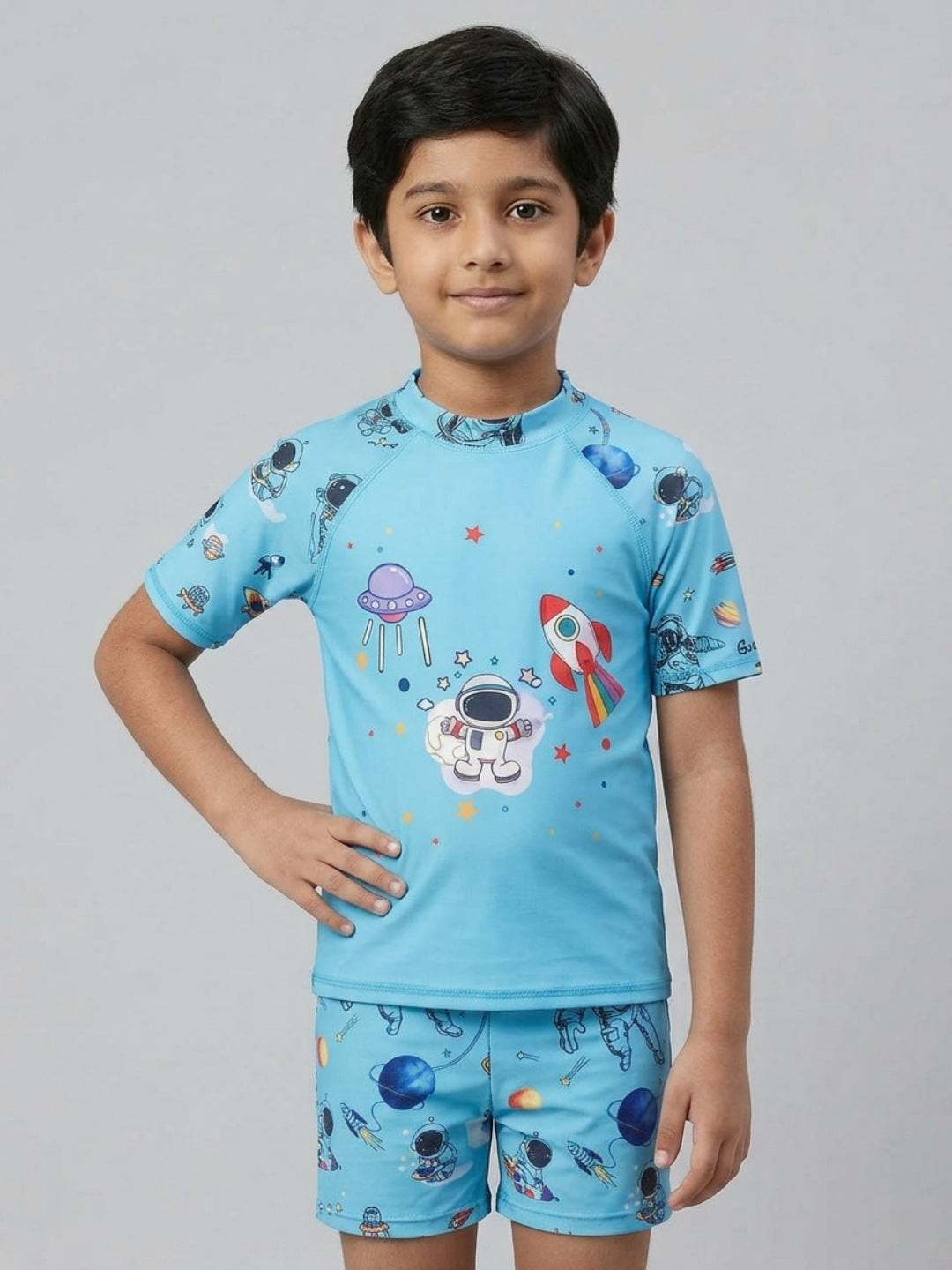 Biglilpeople Boys Aqua Graphic Print Round Neck Short Sleeves Two-Piece Swimsuit Set