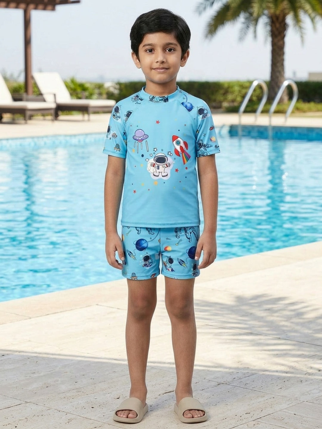 Biglilpeople Boys Aqua Graphic Print Round Neck Short Sleeves Two-Piece Swimsuit Set