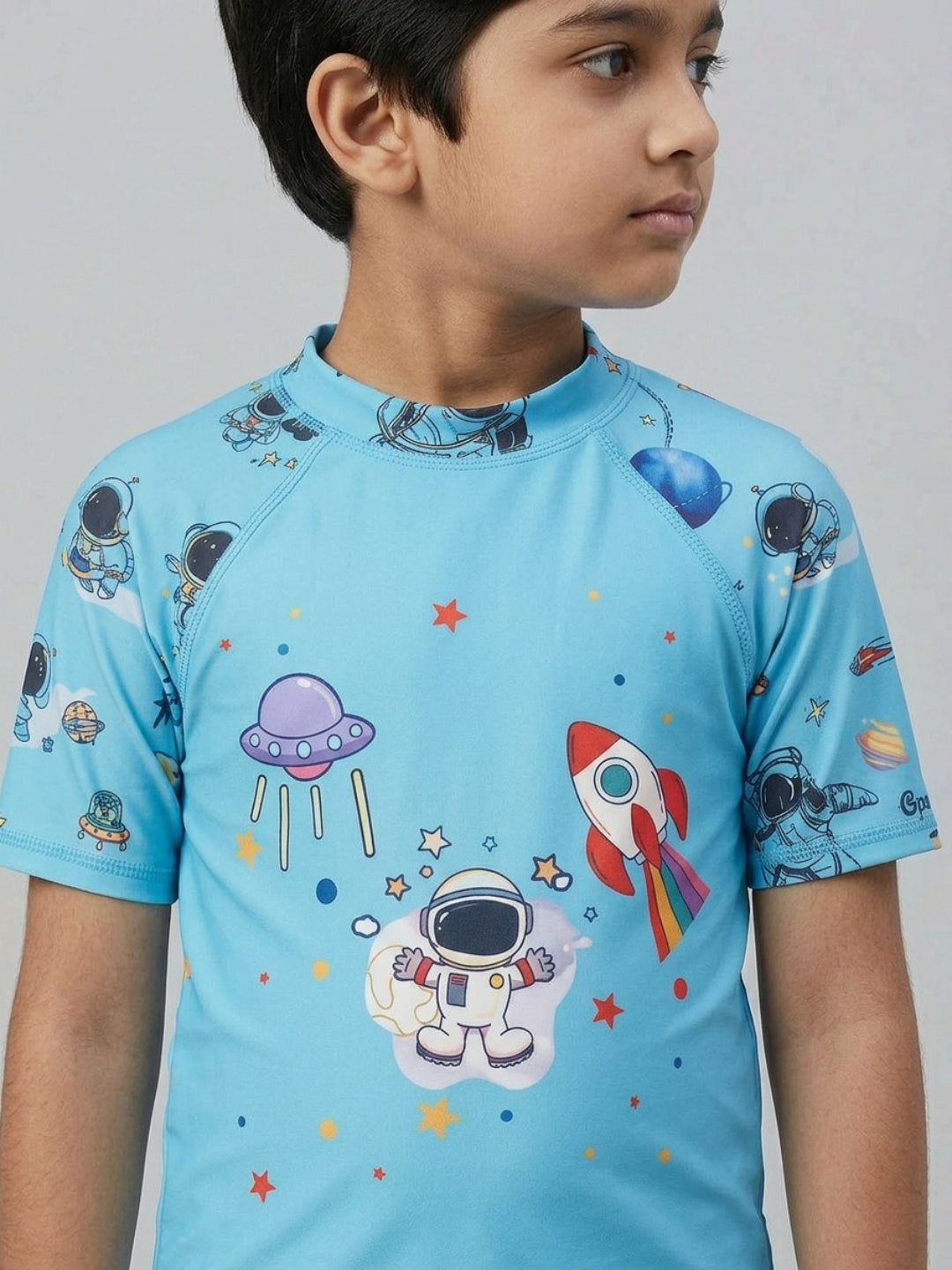 Biglilpeople Boys Aqua Graphic Print Round Neck Short Sleeves Two-Piece Swimsuit Set