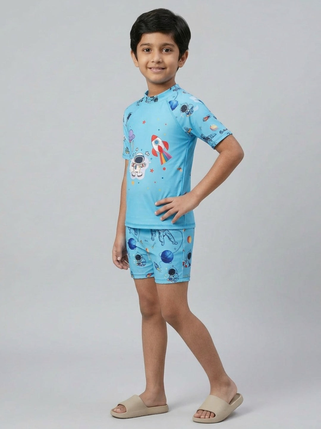 Biglilpeople Boys Aqua Graphic Print Round Neck Short Sleeves Two-Piece Swimsuit Set