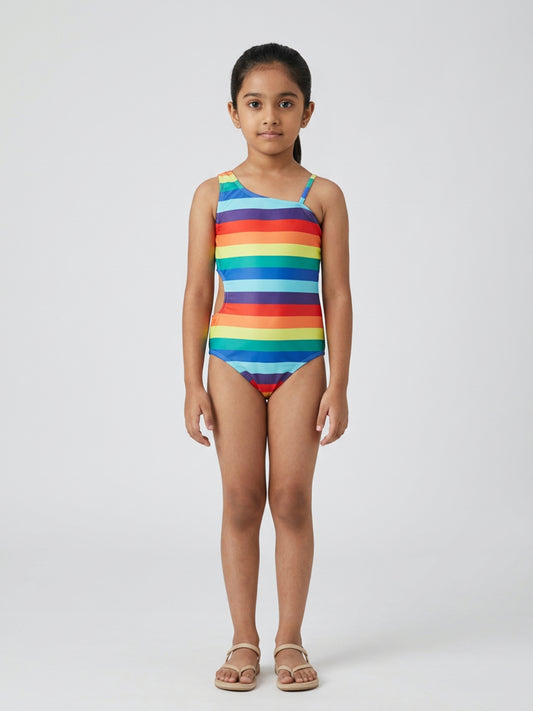 Biglilpeople Girls Multicolour Striped One-Shoulder Neck Sleeveless One-Piece Swimsuit
