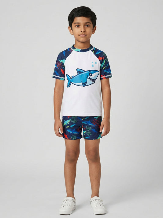 Biglilpeople Boys Multicolour Graphic Print Round Neck Short Sleeves Two-Piece Swimsuit Set