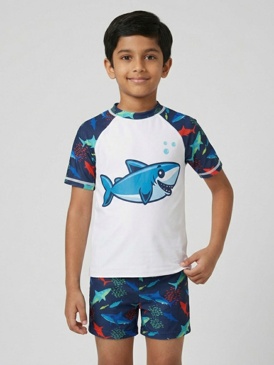 Biglilpeople Boys Multicolour Graphic Print Round Neck Short Sleeves Two-Piece Swimsuit Set